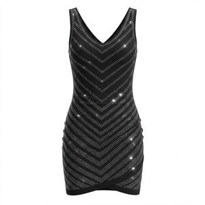 Frank Lyman Design Black and Silver Gem V-Neck Sheath Dress